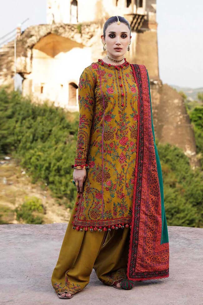 3 Piece Embroidered Dhanak Shirt With Wool Shawl-VH09
