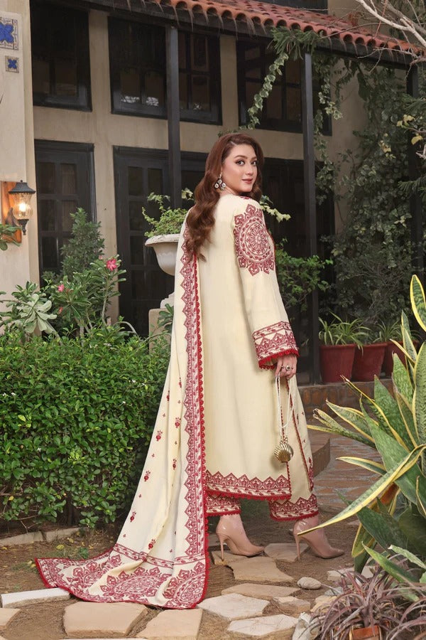 ASIM JOFA-3PC UNSTITCH DHANAK EMBROIDERED SHIRT WITH EMBROIDERED SHAWL & TROUSER-VH04