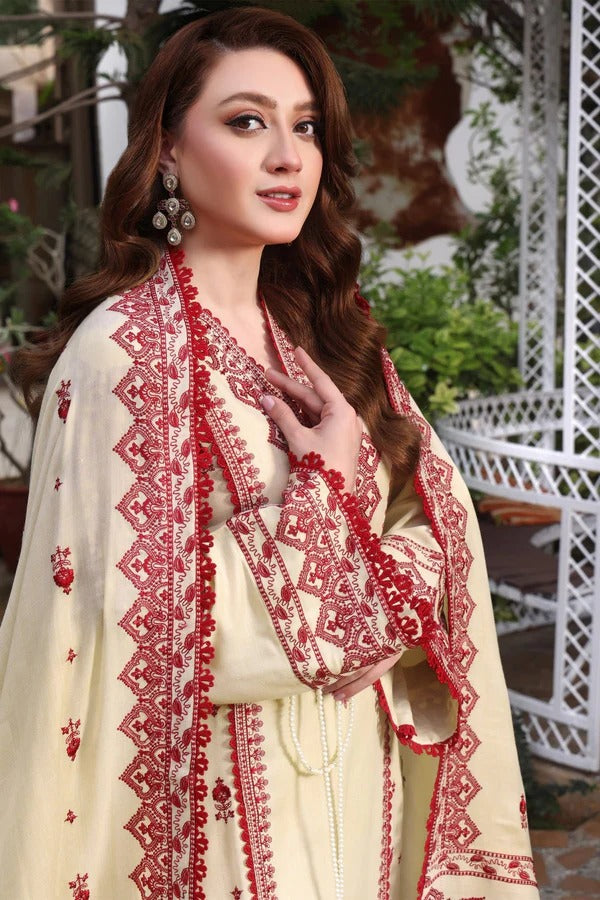 ASIM JOFA-3PC UNSTITCH DHANAK EMBROIDERED SHIRT WITH EMBROIDERED SHAWL & TROUSER-VH04